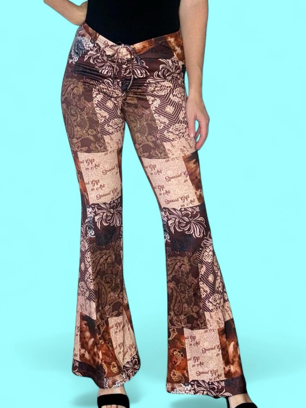 SHEIN Brown Tan Patchwork Hippie Flare Festival Pants